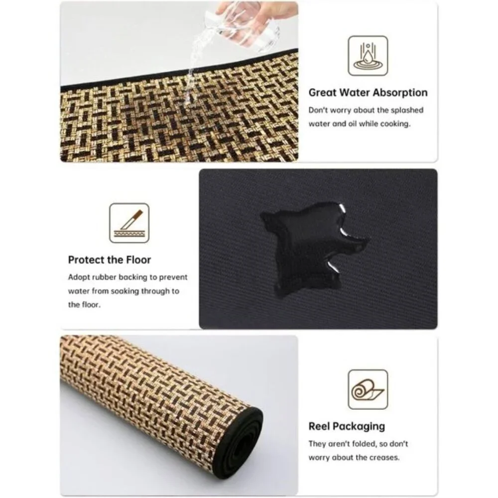 New 2PC Washable Kitchen Rug Set, Non-Skid Absorbent Runner Mats in Black